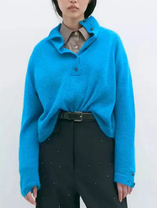 Blue Wool-Blend Polo Sweater - Sweaters & Knitwear