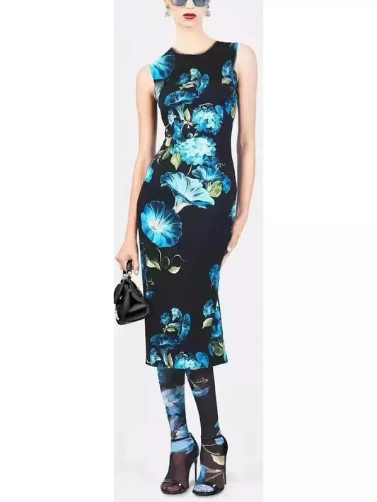 Bluebell Floral Print Silk Fitted Midi Dress - Dresses