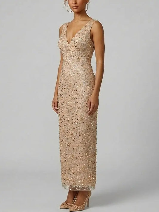 Blush Nude Embellished Sequin Maxi Dress with V-Neck - Dresses