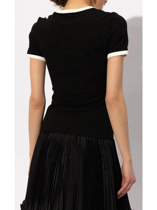 Boat-Neck Short-Sleeved Top with Rose Detail - Tops