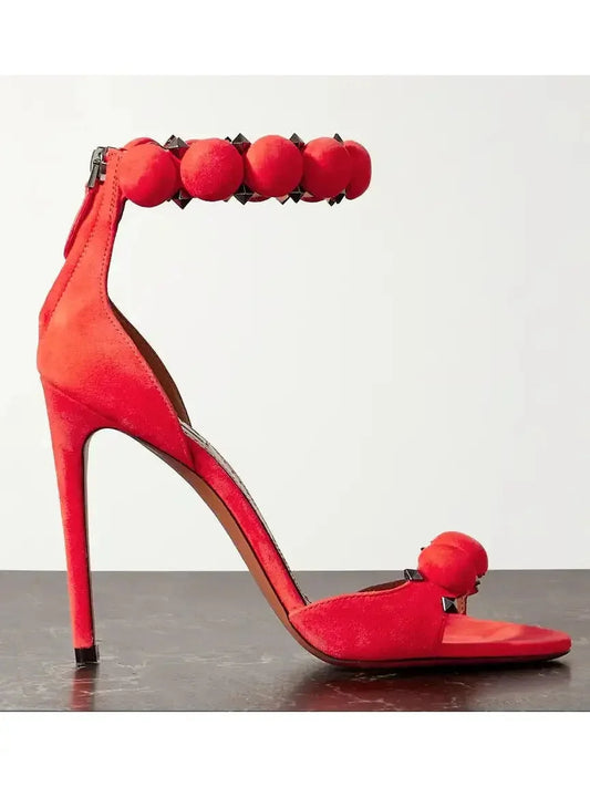 Bobble High-Heel Sandals in Red Suede - Footwear
