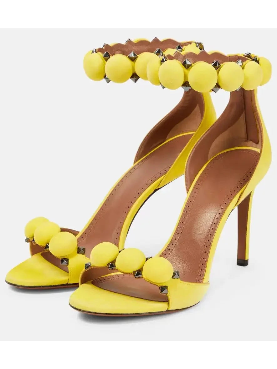 Bobble High-Heel Sandals in Yellow Suede - Footwear