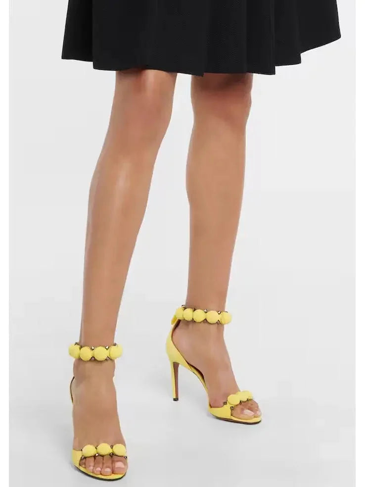 Bobble High-Heel Sandals in Yellow Suede - Footwear