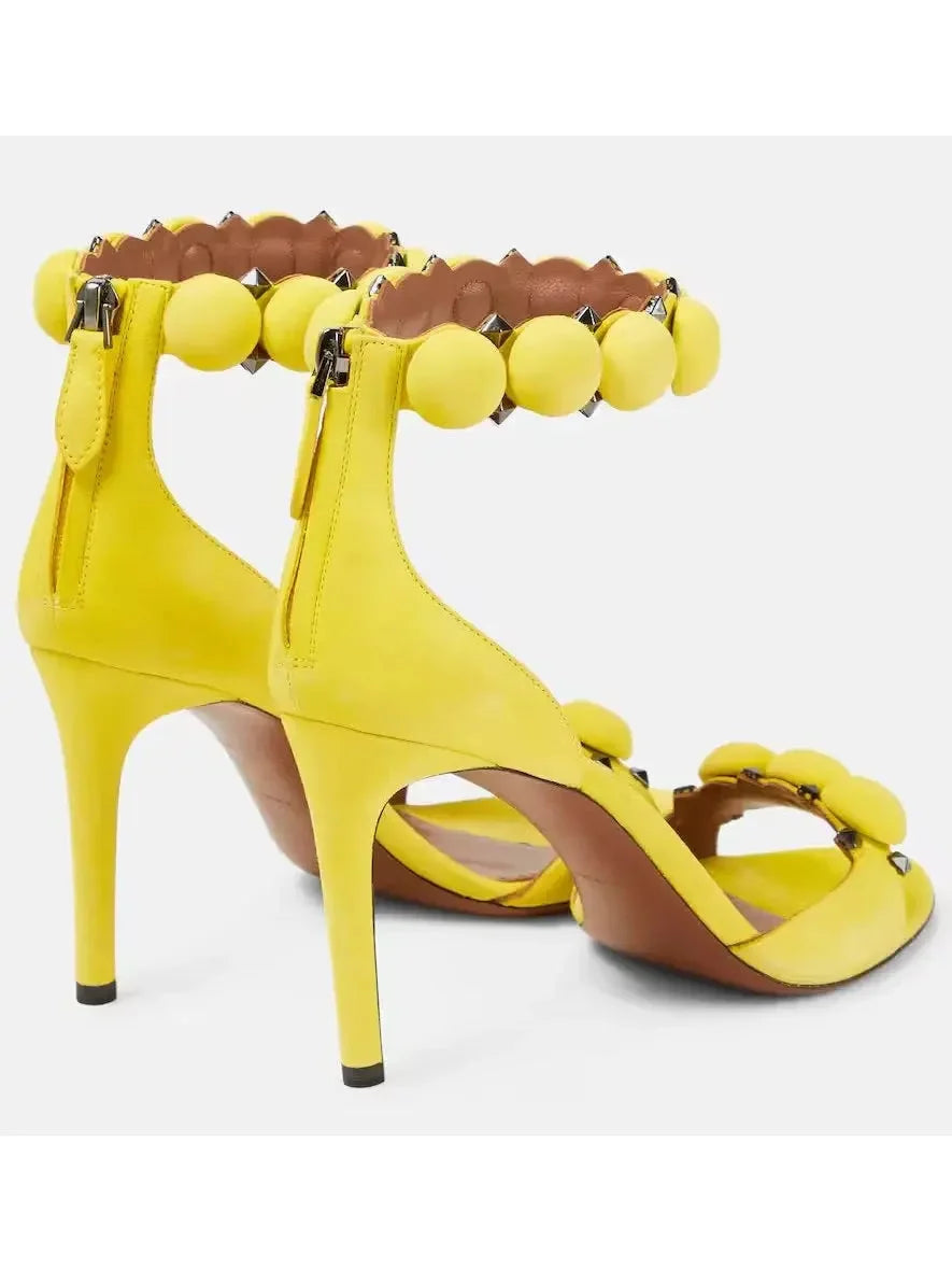 Bobble High-Heel Sandals in Yellow Suede - Footwear
