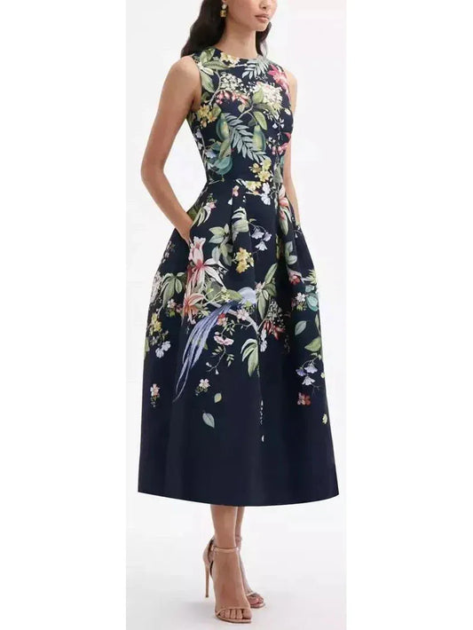 Botanical Garden Printed Sleeveless Midi Dress in Black and Multicolor - Dresses