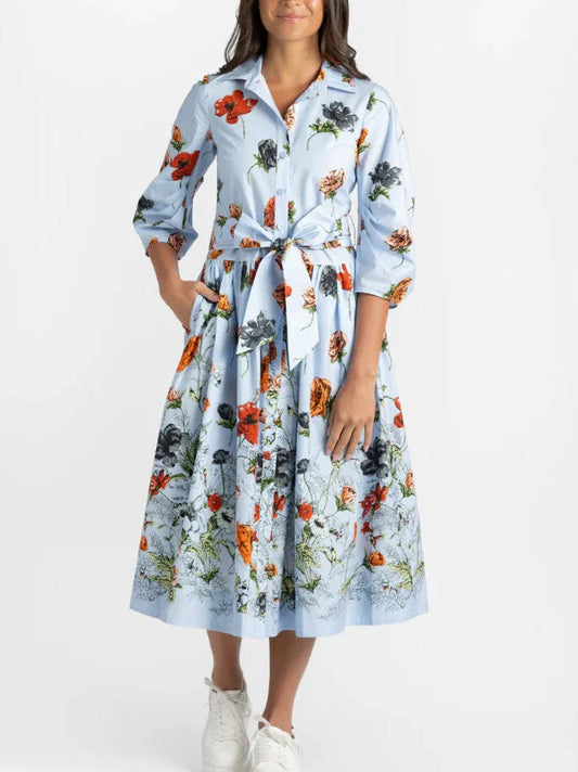 Botanical Print Light Blue Midi Shirt Dress - Dresses