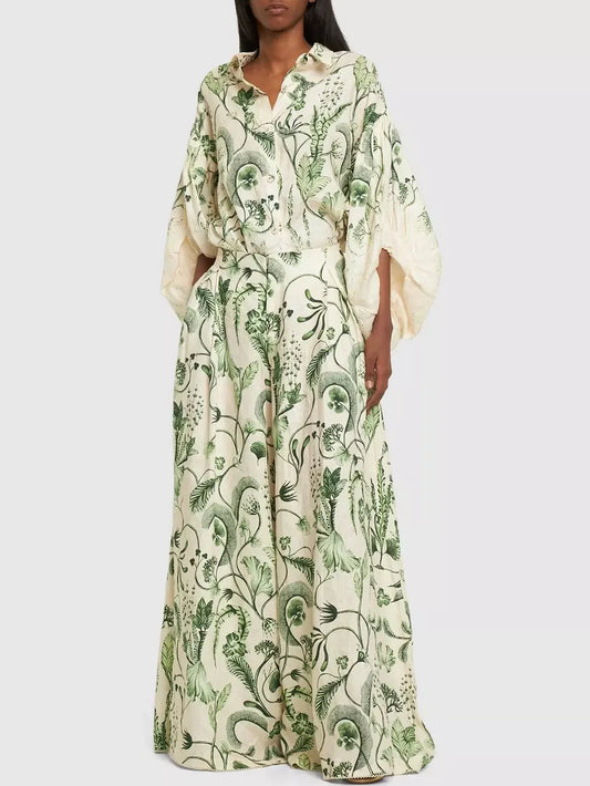Botanical Printed Puff-Sleeve Linen Shirt and Pant Set - Suits & Sets