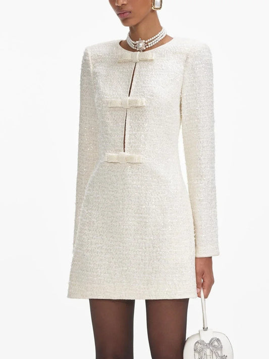 Elegant white boucle bow-embellished tweed mini dress for stylish occasions