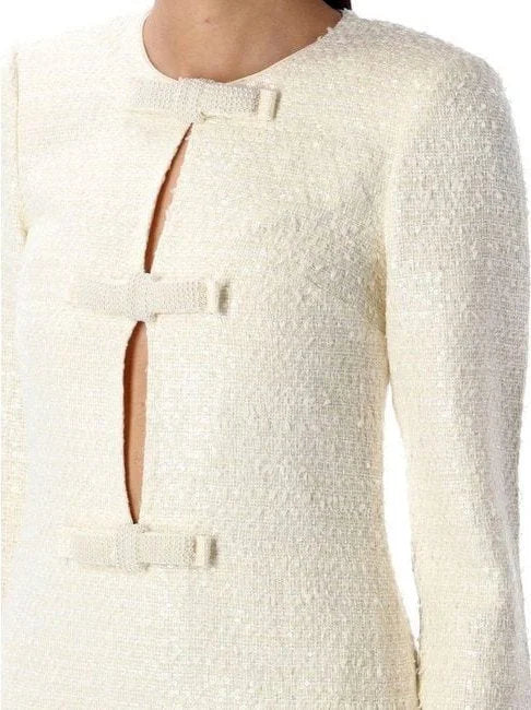 Elegant white Boucle Bow-Embellished Tweed Mini Dress showcasing stylish design details