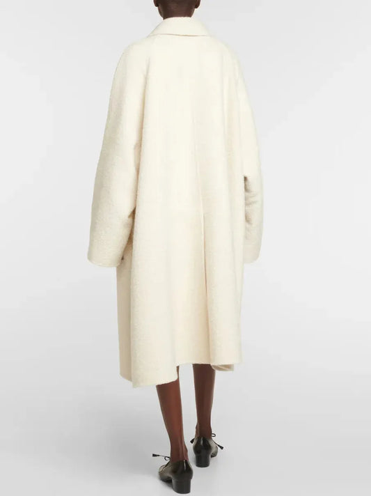 Boucle Oversize Cream Wool Coat - Coats