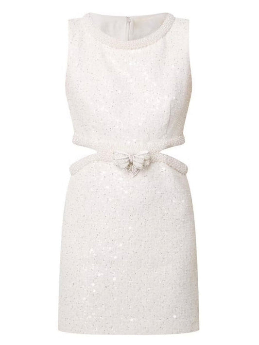 Boucle Sequin Pearl Embellished Mini Dress - Dresses