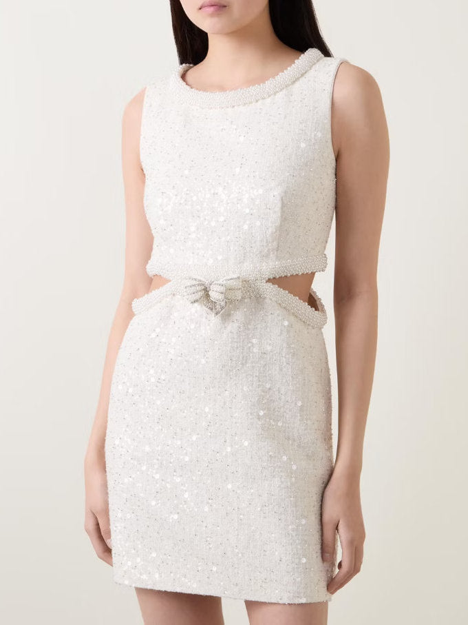Boucle Sequin Pearl Embellished Mini Dress - Dresses