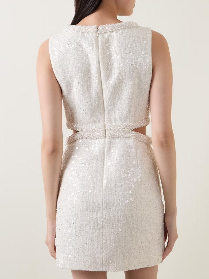 Boucle Sequin Pearl Embellished Mini Dress - Dresses