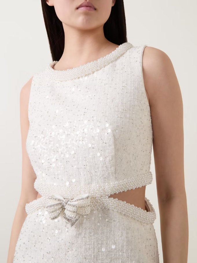 Boucle Sequin Pearl Embellished Mini Dress - Dresses