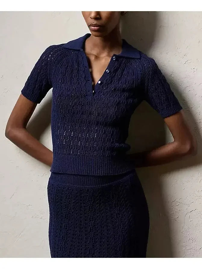 Boucle Short-Sleeve Polo Jumper and Skirt Set Navy Blue - Suits & Sets