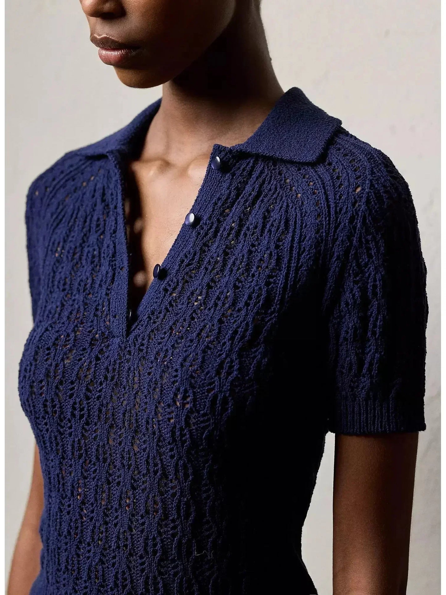 Boucle Short-Sleeve Polo Jumper and Skirt Set Navy Blue - Suits & Sets