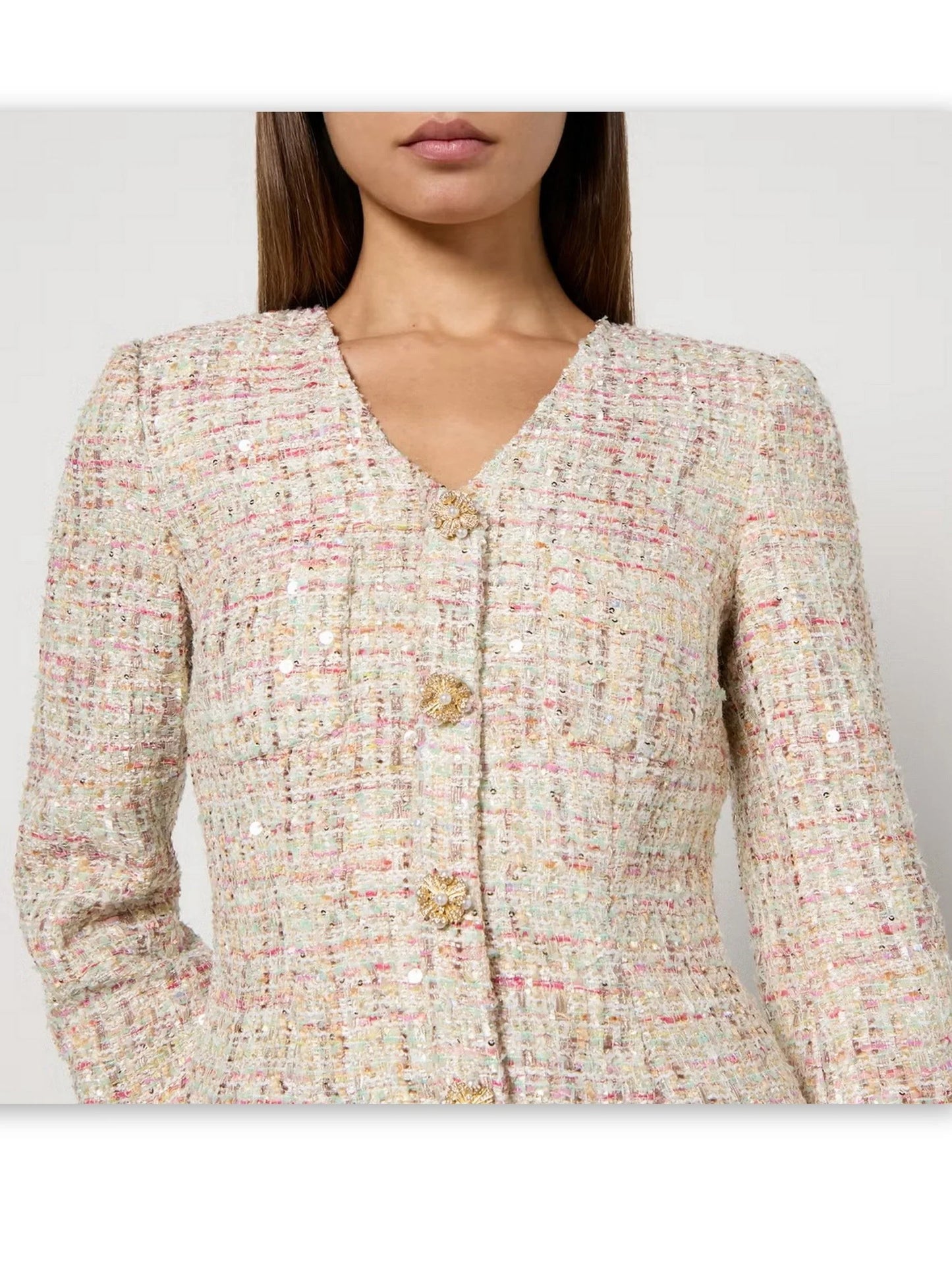 Bouclé Tweed V-Neck Sequin Mini Dress with Jewel Buttons - Dresses