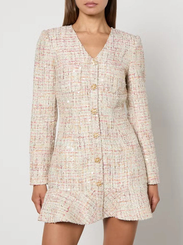 Bouclé Tweed V-Neck Sequin Mini Dress with Jewel Buttons - Dresses