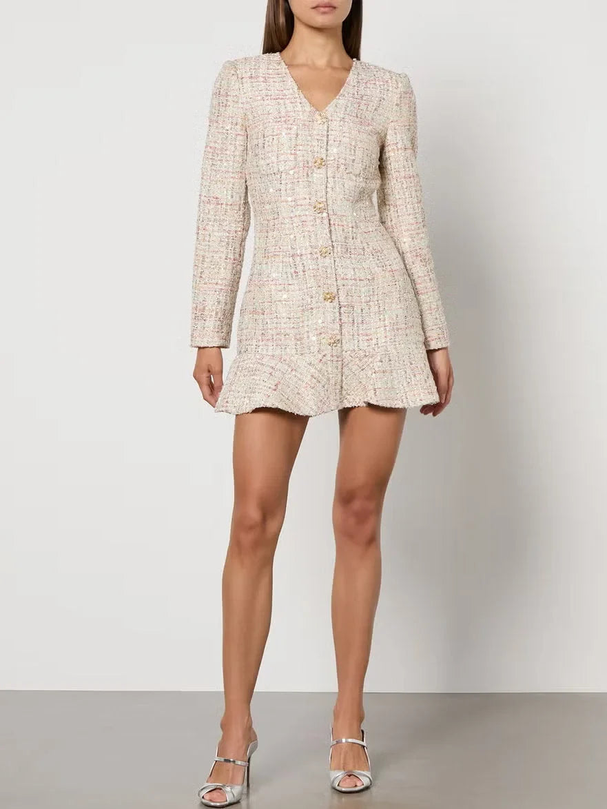 Bouclé Tweed V-Neck Sequin Mini Dress with Jewel Buttons - Dresses