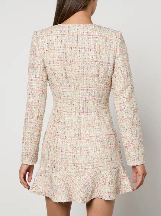 Bouclé Tweed V-Neck Sequin Mini Dress with Jewel Buttons - Dresses