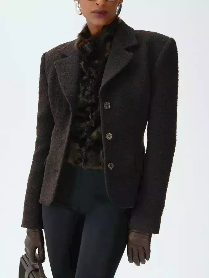 Boucle Wool-Blend Fitted Blazer in Brown - Jackets