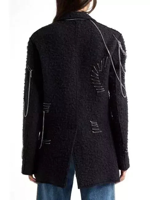 Black textured boucle wool tweed blazer with safety pin and chain embellishments