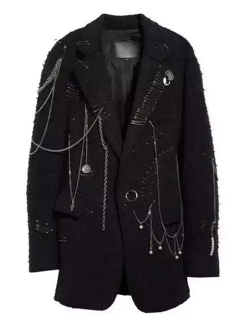 Black Boucle Wool Tweed Pin and Chain Embellished Jacket for stylish occasions