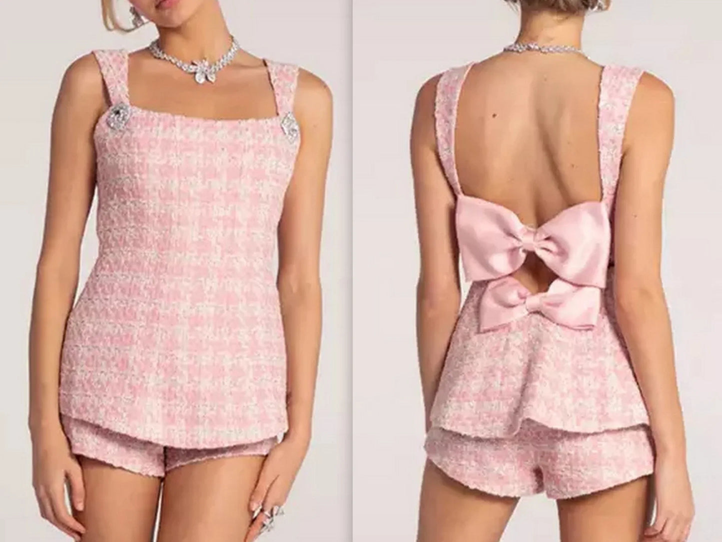 Bow-Back Pink Houndstooth Tweed Top and Short Set - Suits & Sets
