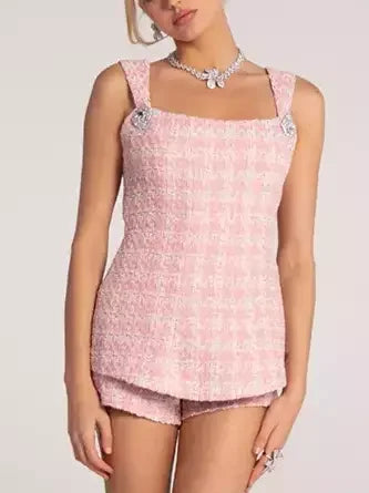 Bow-Back Pink Houndstooth Tweed Top and Short Set - Suits & Sets