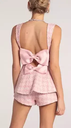 Bow-Back Pink Houndstooth Tweed Top and Short Set - Suits & Sets