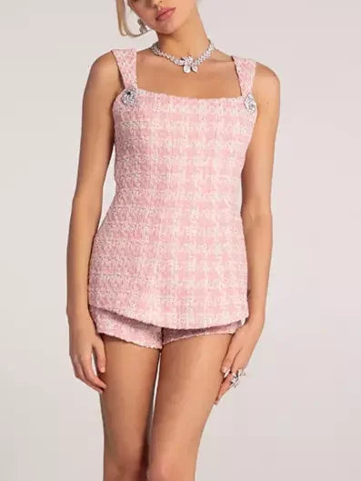 Bow-Back Pink Houndstooth Tweed Top and Short Set - Suits & Sets