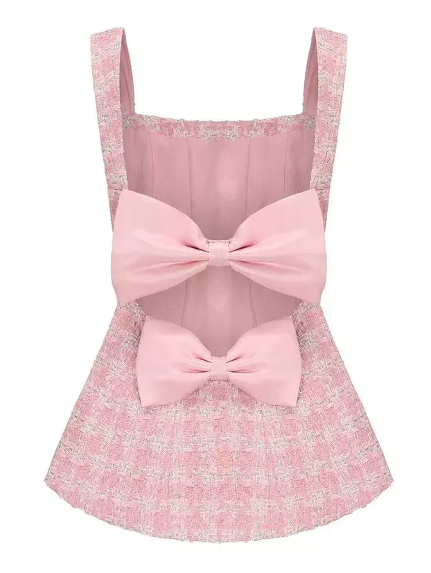 Bow-Back Pink Houndstooth Tweed Top and Short Set - Suits & Sets