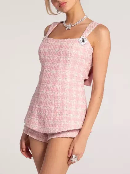 Bow-Back Pink Houndstooth Tweed Top and Short Set - Suits & Sets