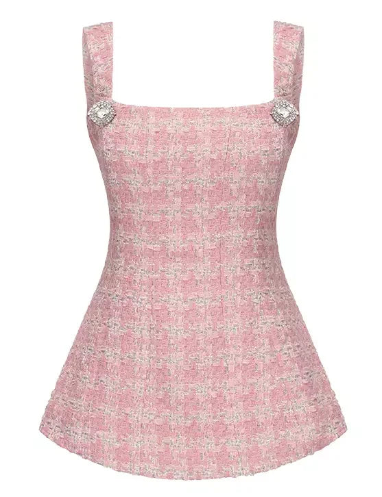 Bow-Back Pink Houndstooth Tweed Top and Short Set - Suits & Sets