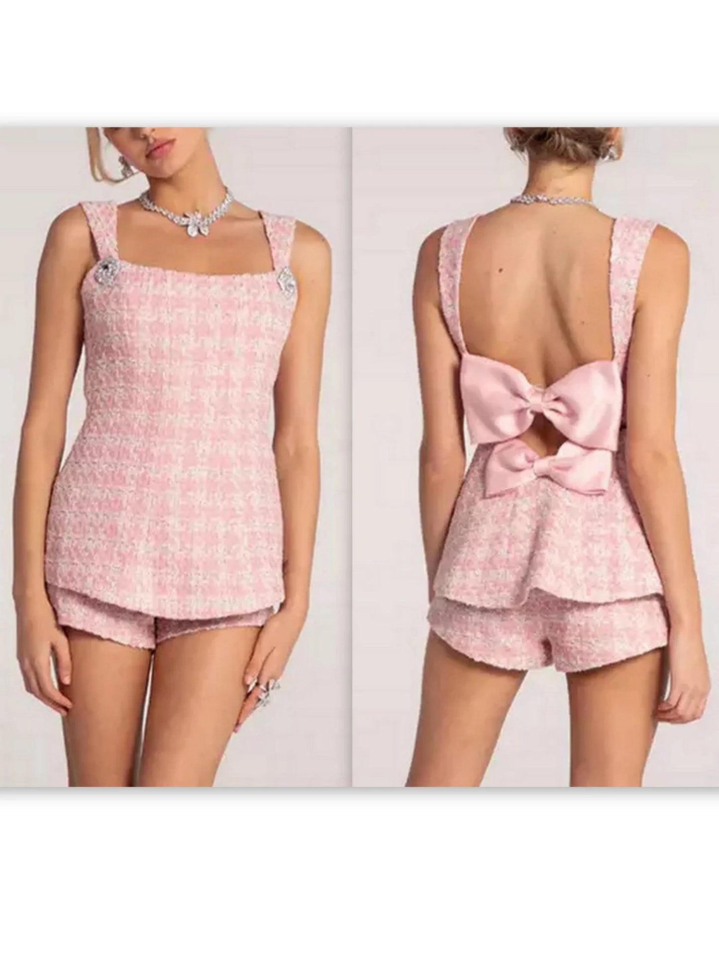 Bow-Back Pink Houndstooth Tweed Top and Short Set - Suits & Sets