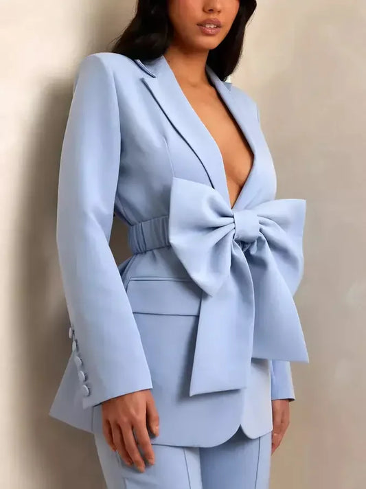 Bow-Belted Single-Breasted Blazer in Light Blue - Jackets