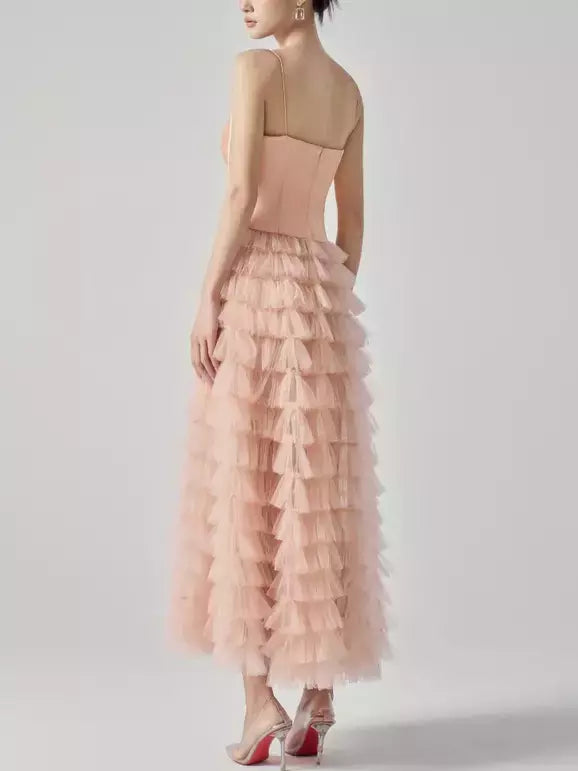 Peach-colored ruffled tulle dress from Bow-Corset Tiered Mesh Tulle collection
