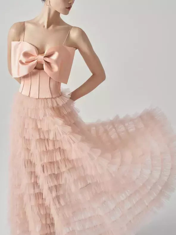 Pink Bow-Corset Tiered Mesh Tulle Dress with a ruffled skirt and bow bodice
