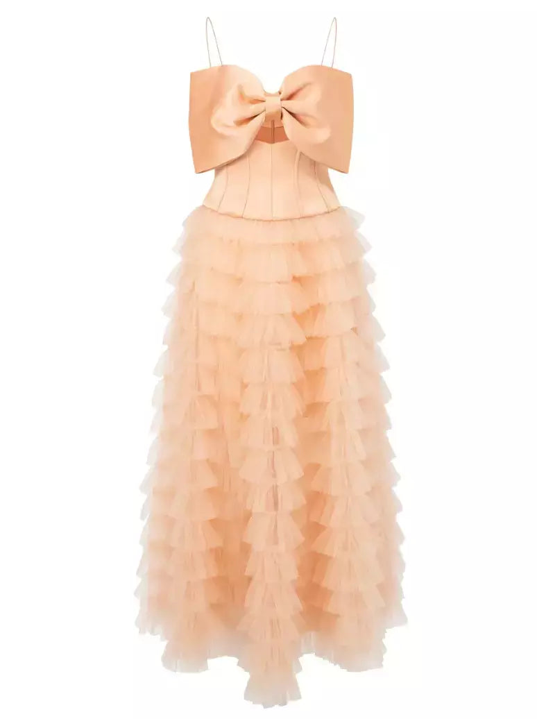 Pink strapless Bow-Corset Tiered Mesh Tulle Dress with bow bodice and tiered skirt