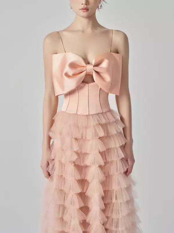 Pink strapless bow-corset tiered mesh tulle dress with a stylish bow bodice