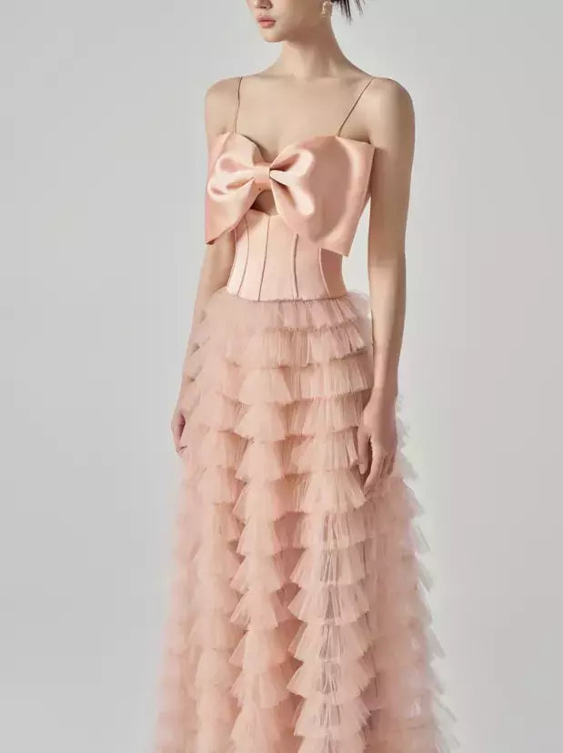 Elegant Pink Bow-Corset Tiered Mesh Tulle Dress with Ruffled Skirt and Bow Bodice