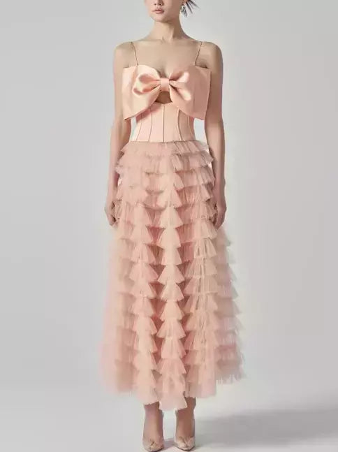 Peach ruffled Bow-Corset Tiered Mesh Tulle Dress with large bow detail