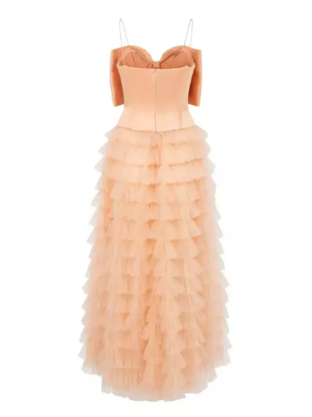 Peach-colored Bow-Corset Tiered Mesh Tulle Dress with elegant layered design