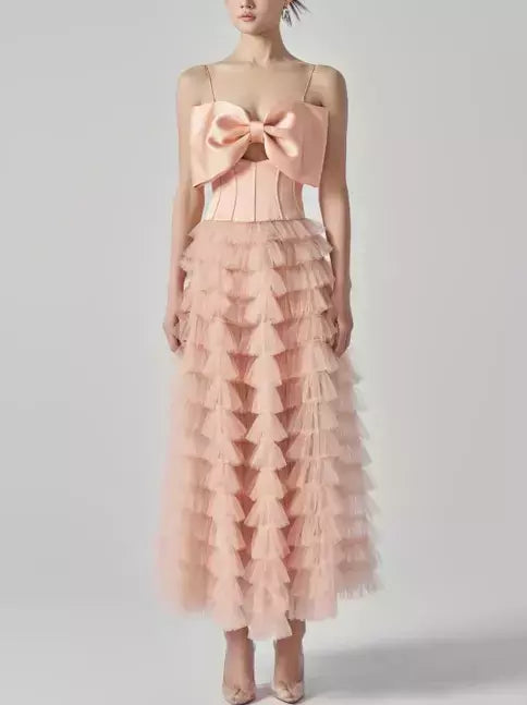 Peach-colored Bow-Corset Tiered Mesh Tulle Dress with elegant bow-bodice design