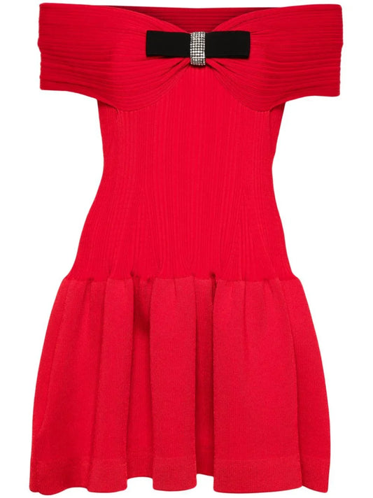 Bow-Detail Red Knit Off-Shoulder Mini Dress - Dresses