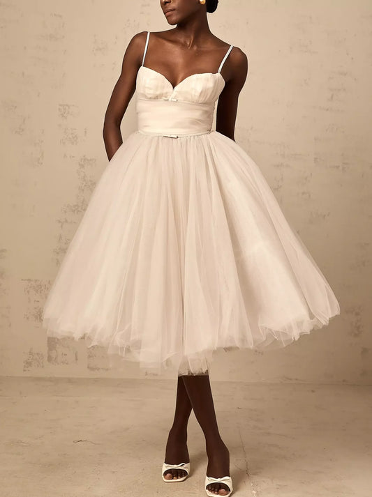 Ivory Bow-Detail Sleeveless Tulle Flared Midi Dress for elegant occasions