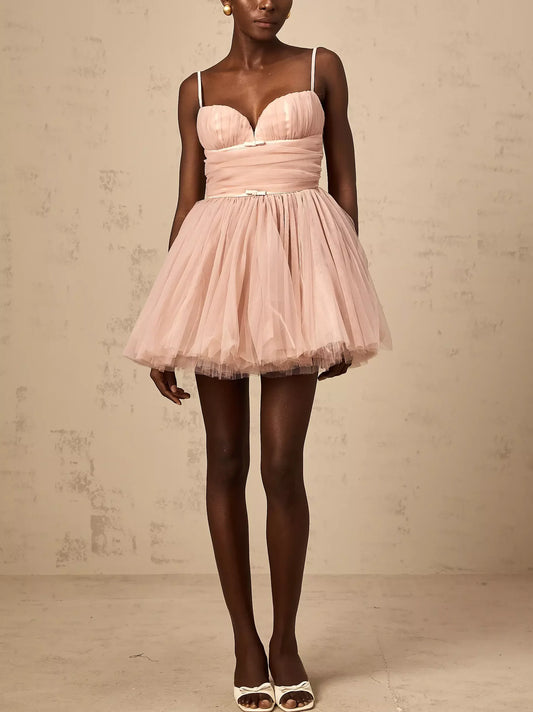 Pink Bow-Detail Sleeveless Tulle Flared Mini Dress showcasing tiered tulle design