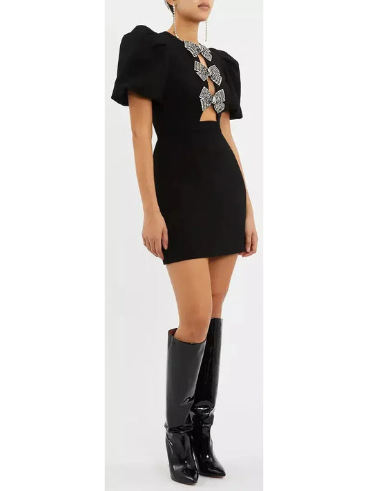 Bow-Embellished Black Mini Dress - Dresses