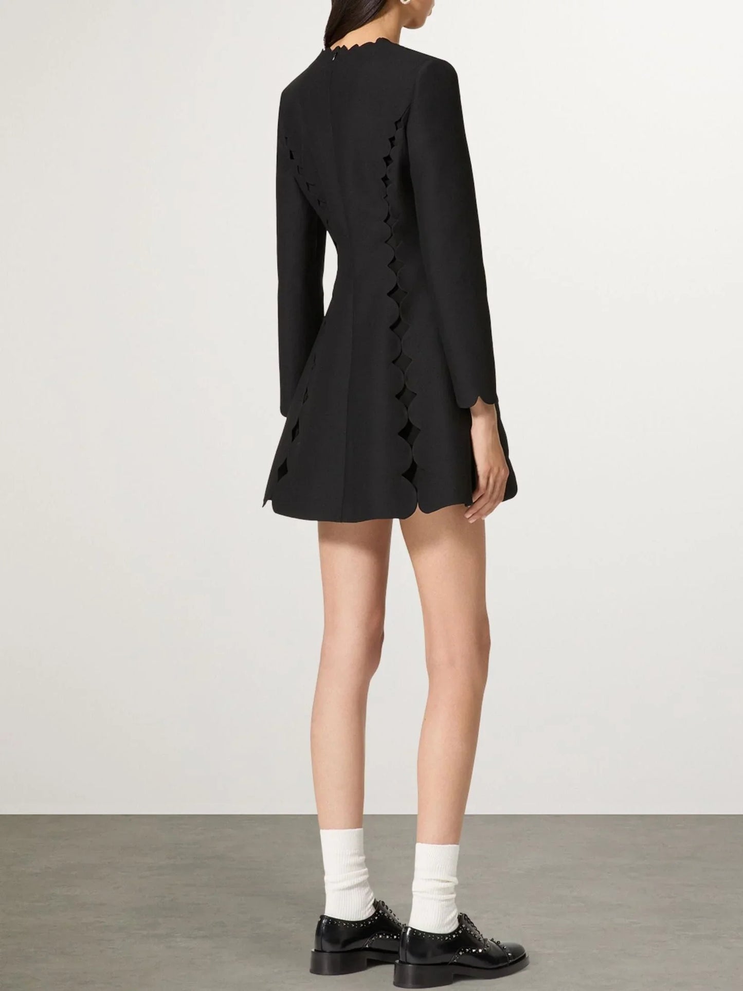 Bow-Embellished Black Scalloped V-Neck Mini Dress - Dresses