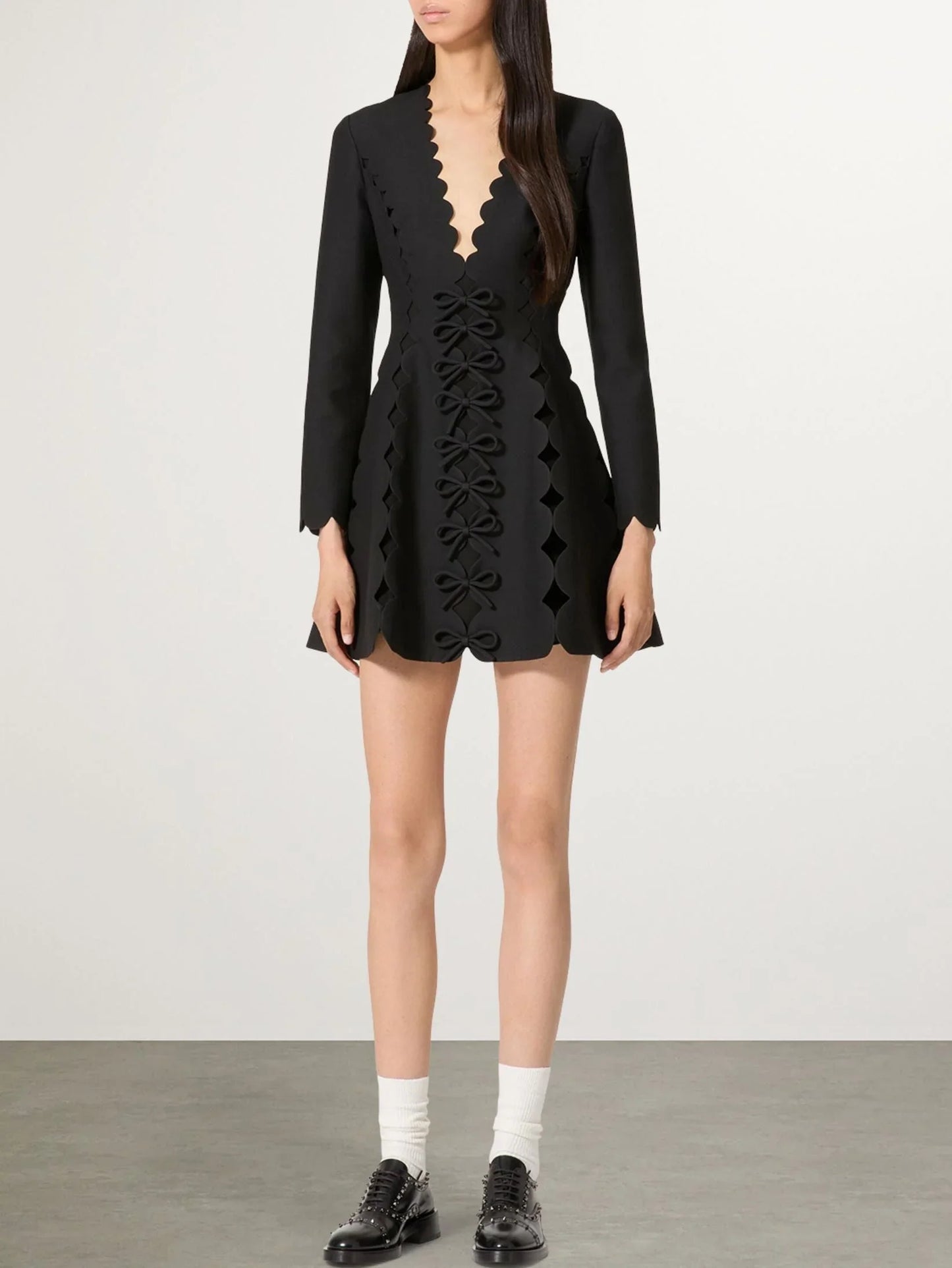 Bow-Embellished Black Scalloped V-Neck Mini Dress - Dresses
